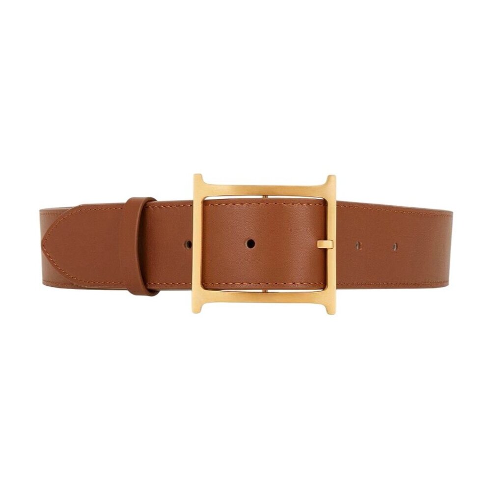 Brown Leather Belt with Gold Square Buckle - Women's Accessory